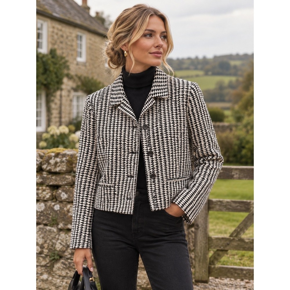 Soiree Handwoven Silk Houndstooth Cropped Blazer Jacket Black White Size M